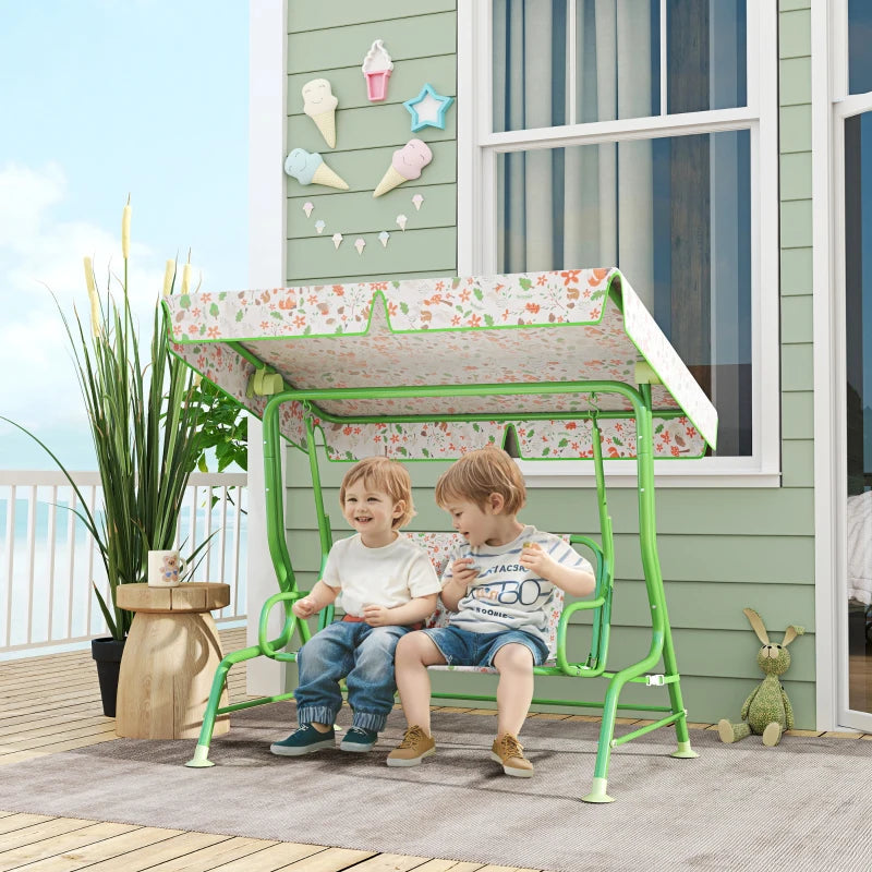 Kids Garden Swing Chair - Green 2 Seater Hammock with Adjustable Canopy & Safety Belt for Patio and Porch