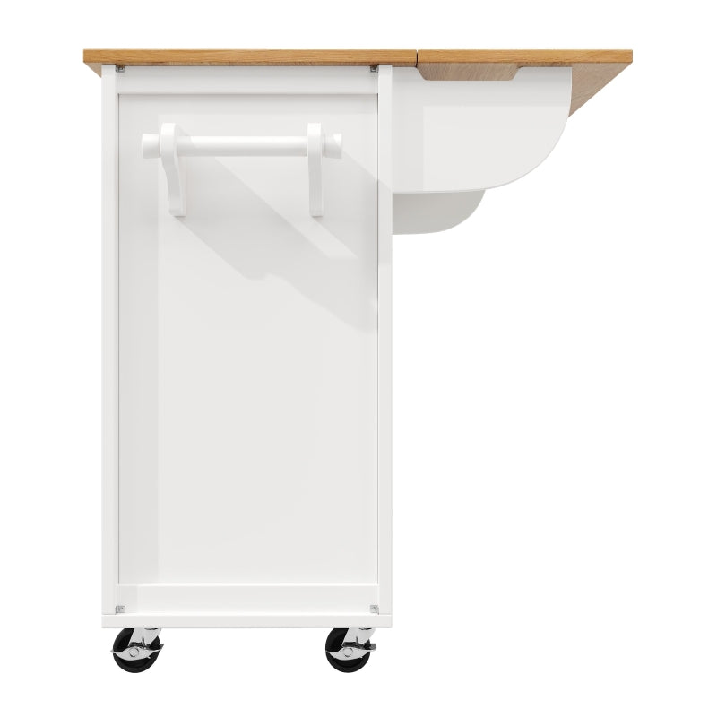 White Kitchen Island Trolley with Folding Worktop, Adjustable Shelves, Wine Rack & Spice Racks - Utility Cart 138L x 73W x 92H cm