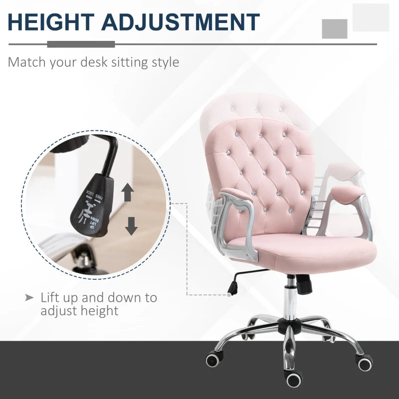 Vinsetto Pink Velvet Office Chair - Swivel Desk Chair with Adjustable Height & Rolling Wheels for Home & Study