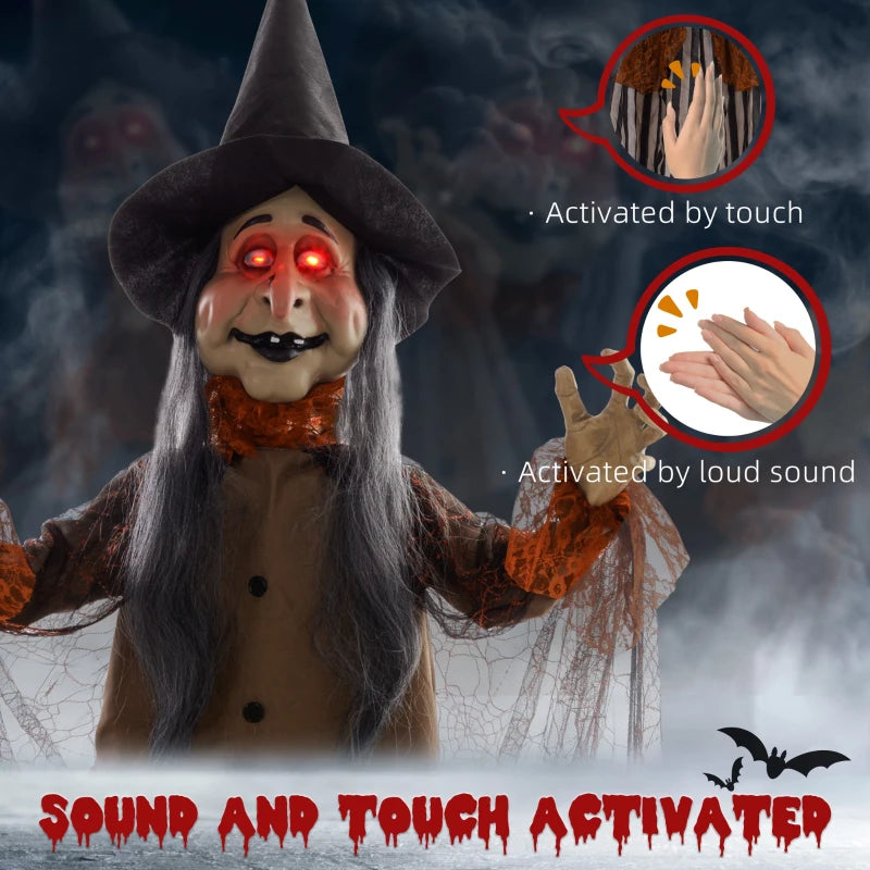 183 cm Life Size Animated Witch with Red Eyes - Scary Halloween Decoration, Sound Activated, Moving Arms & Head, Battery Operated