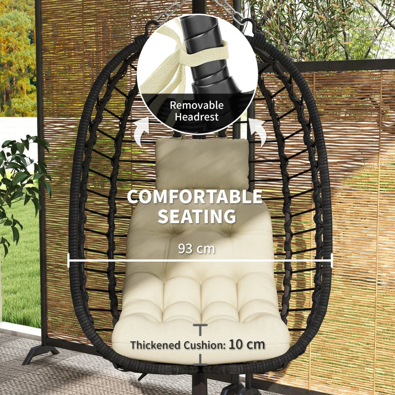 Rattan Hanging Egg Chair with Cushion, Adjustable Height, Steel Frame for Indoor Outdoor Use