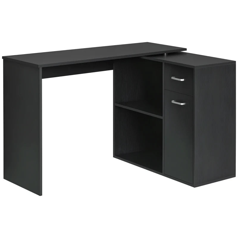 L-Shaped Corner Computer Desk with Storage Shelf & Drawer - Adjustable Black Wood Grain Workstation for Home Office