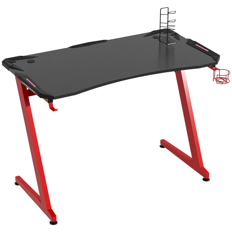 Carbon Fibre Gaming Desk 122x66 cm - Black & Red Gamer Workstation with Headphone Hook, Cup Holder & Gamepad Storage
