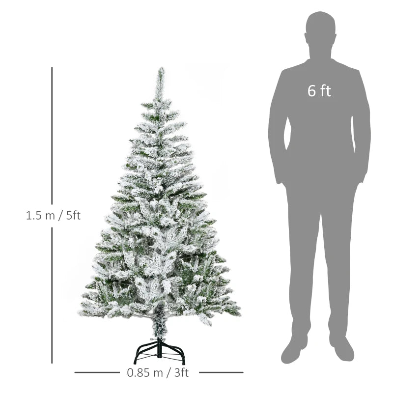 5 Ft Snow Flocked Artificial Christmas Tree - Realistic Pine with Auto Open & Steel Base - Festive Green Decor