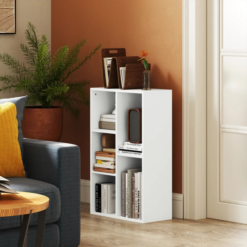 Modern 2-Tier White Bookshelf with 5 Spacious Compartments - Stylish Storage Solution for Home or Office