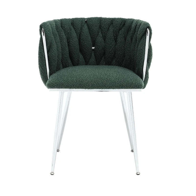 Set of 2 Modern Emerald Dining Chairs with Silver Legs, Hand-woven Backrest, Upholstered Boucle Armrests, 54x52x73 cm