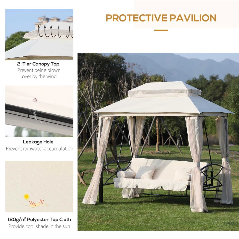 Convertible Gazebo Swing Chair Bed with Netting - Beige/Black