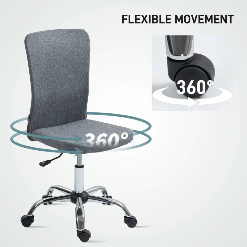 Armless Grey Fabric Swivel Office Chair - Height Adjustable Makeup Vanity Chair with Wheels for Home Study & Bedroom