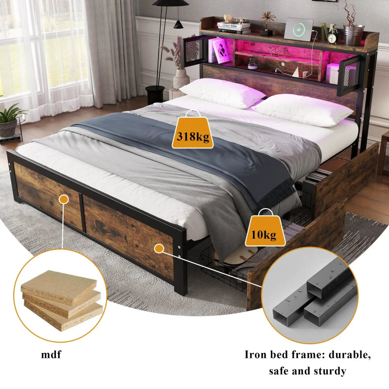 Metal Double Bed with LED Light Strip, USB Ports & 2 Drawers - Sturdy Iron Frame, Black, 207x135.5x83.5 cm