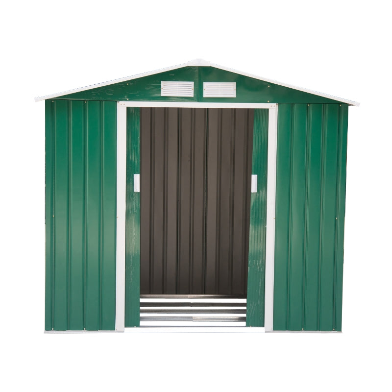 Green 7ft x 4ft Lockable Metal Shed with Ventilation Slots, Foundation Kit and Lockable Double Doors