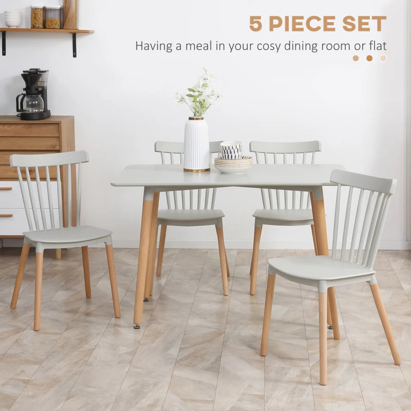 5-Piece Grey Dining Table Set with Beech Wood Legs - Space-Saving Table & 4 Chairs for Small Kitchens
