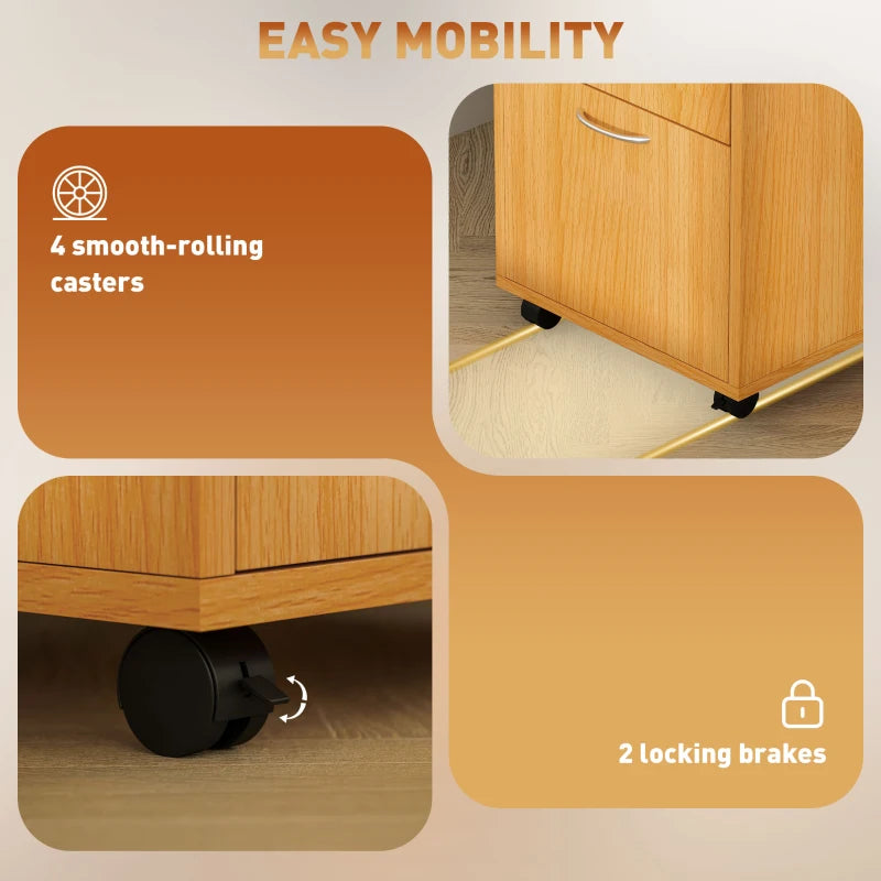 60cm Mobile Filing Cabinet with Drawer & Open Shelf, 4 Wheels, Metal Handles - Natural Wood Finish for Office & Home