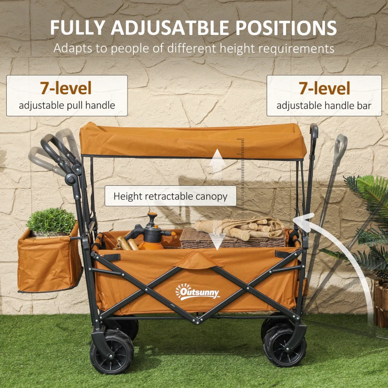 Folding Trolley Cart Storage Wagon - Orange 4-Wheel Beach Trailer with Canopy for Shopping and Camping