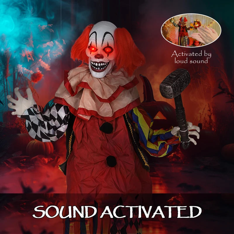 173 cm Life Size Scary Animated Clown with Hammer, Red Light Up Eyes, Sound Activated Arms & Head - Halloween Decoration