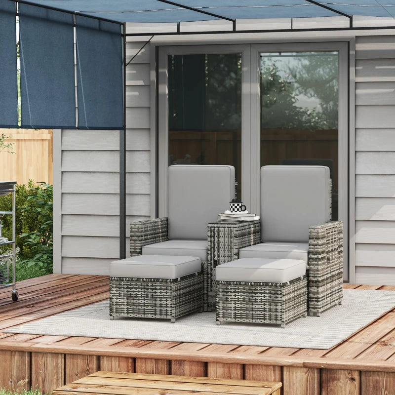 Grey Rattan Sun Lounger Set with Storage Table & Footstools