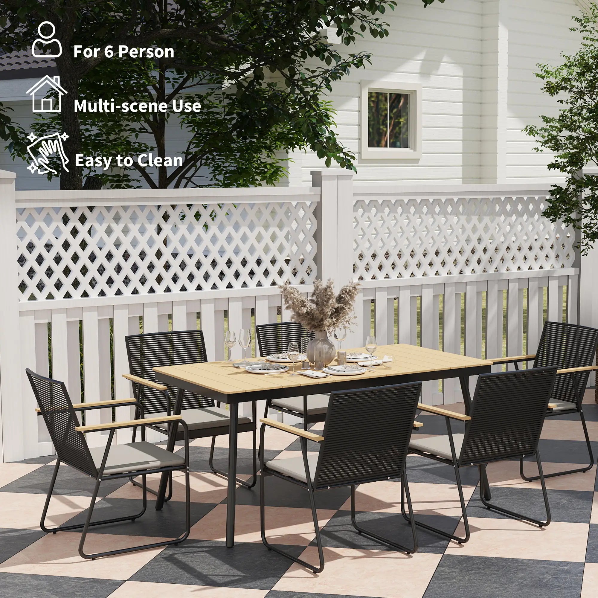 6 Seater Rattan Garden Dining Set with Cushions – Outdoor Patio Furniture with Rectangular Table, Nature Wood Effect, Ideal for Balcony, Poolside & Garden Use