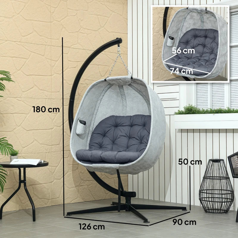 Hanging Egg Chair - Grey Outdoor Indoor Garden Swing Chair with Folding Basket, Stand, Thickened Cushion & Cup Holder