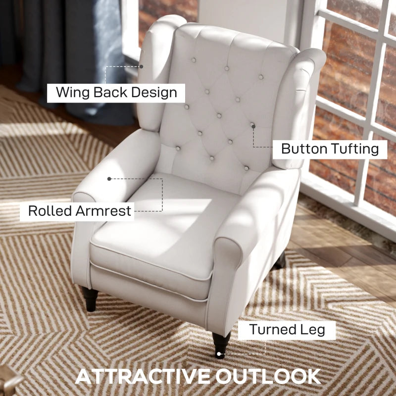Retro Upholstered Wingback Accent Chair with Button Tufting for Living Room and Bedroom in Cream White
