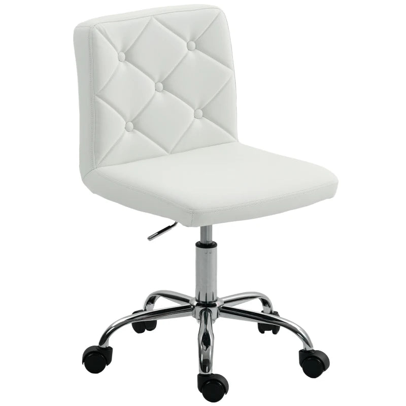 Modern PU Leather Armless Office Chair - Adjustable Height Swivel Vanity Chair with Rolling Wheels for Home Study & Bedroom - White