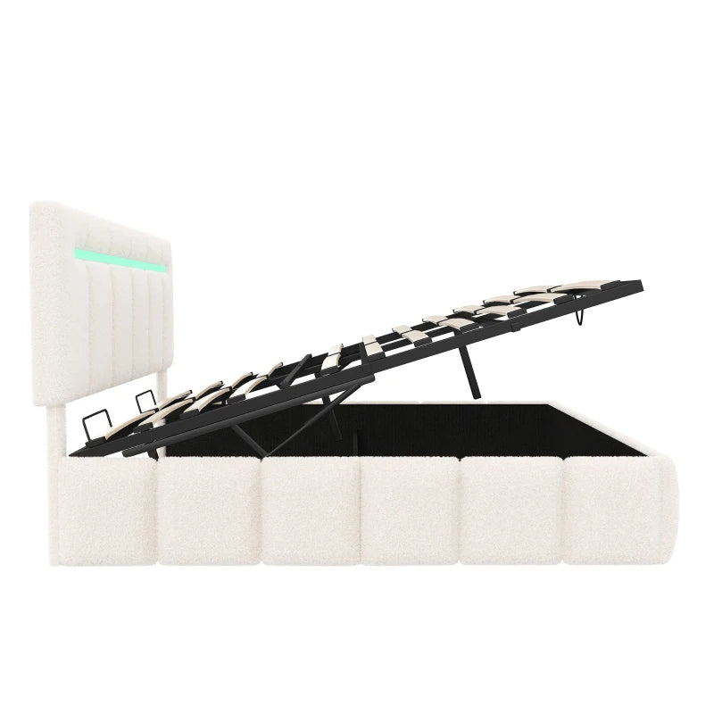 Double Upholstered Bed Frame with Hydraulic Storage and LED Headboard for Modern Bedrooms