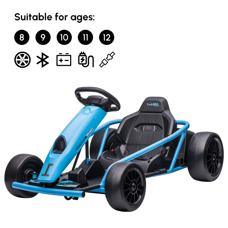 24V Electric Drift Kart for Kids 8-12 Racing Go Kart with 2 Speeds Steering Wheel and Pedals Blue