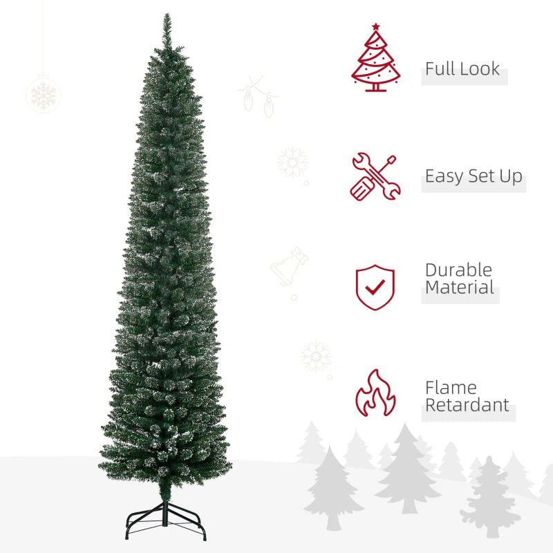 7.5FT Snow Dipped Christmas Pencil Tree - Foldable Black Stand, Green Holiday Indoor Decoration for Festive Home Decor