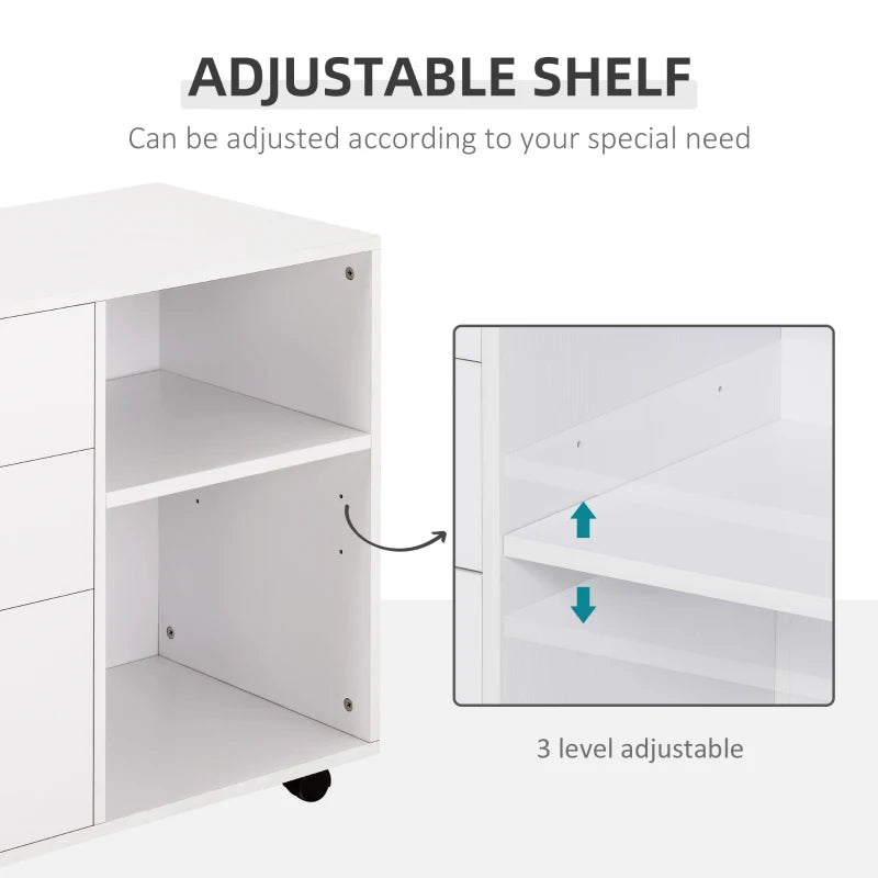 Modern Freestanding Printer Stand with Wheels - Office Desk Storage Unit, 3 Drawers & 2 Open Shelves, White, 80x40x65 cm