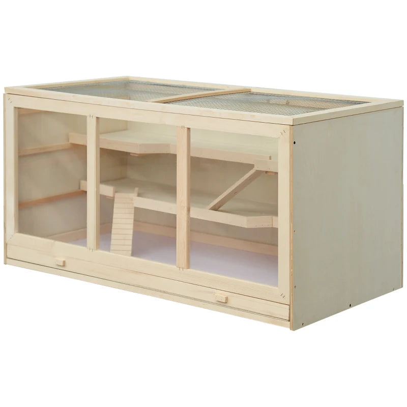 Wooden Hamster Cage for Small Animals with Openable Top and Exercise Play House 115L x 57W x 55Hcm Natural
