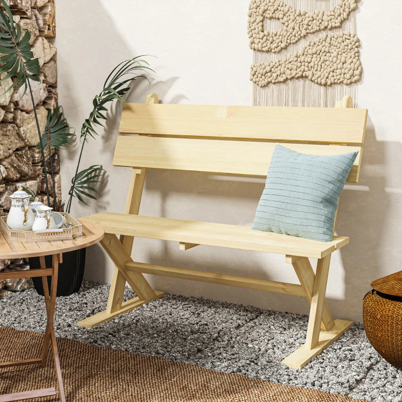 2 Seater Wooden Garden Bench - Natural Fir Wood Outdoor Loveseat with Slatted Seat, Sloping Back, and Wide Feet for Patio and Park