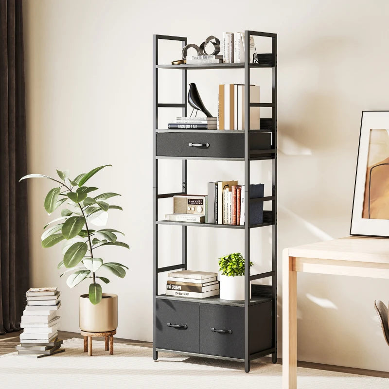Industrial Style Bookcase with 4 Shelves & 3 Fabric Drawers - Modern Grey/Black Storage Solution for Home or Office