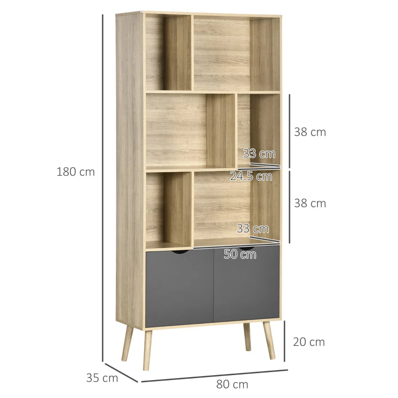 Modern Freestanding Bookcase with Bottom Cabinet & 6 Open Shelves - Stylish Natural & Dark Grey Bookshelf for Home Office & Living Room