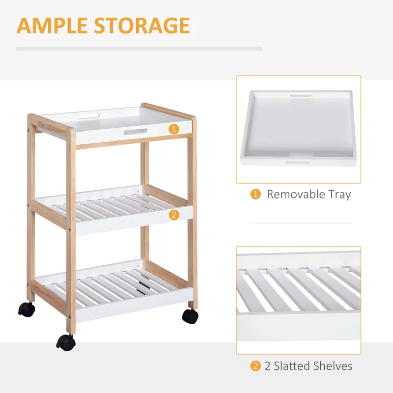 3-Tier Mobile Kitchen Trolley Cart with Rolling Wheels - White Storage Shelves Rack, 46 x 35 x 74.5 cm