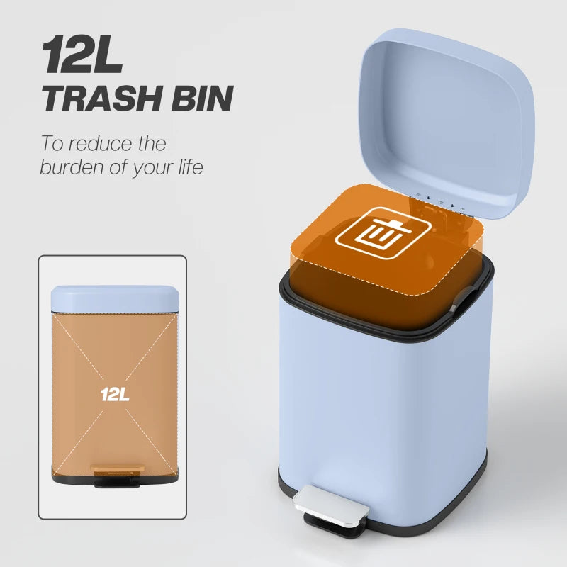 12L Modern Boxy Metal Kitchen Bin - Stylish Light Blue Trash Can for Home Organization & Waste Management