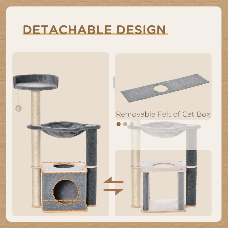 95cm Cat Tree for Indoor Cats - Climbing Tower with Scratching Post, Condo, Hammock & Hanging Toy - Grey