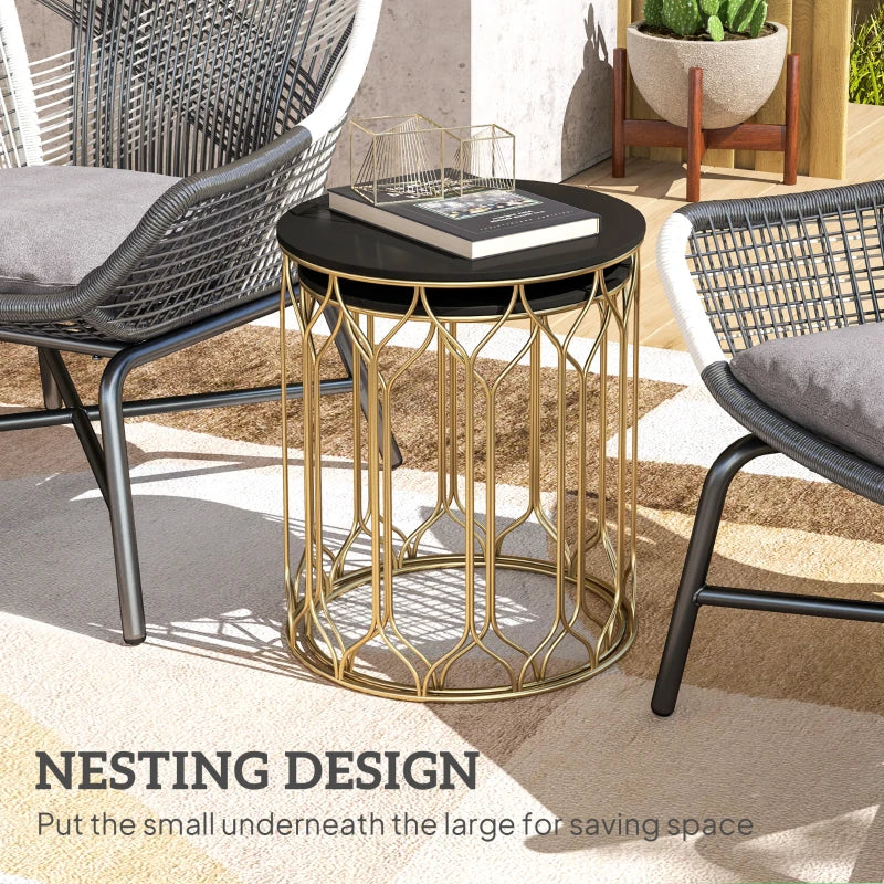 Set of 2 Black Ceramic Tile Top Nesting Tables - Multifunctional Indoor Outdoor Small Garden Side Tables with Metal Frame for Patio, Balcony, Porch