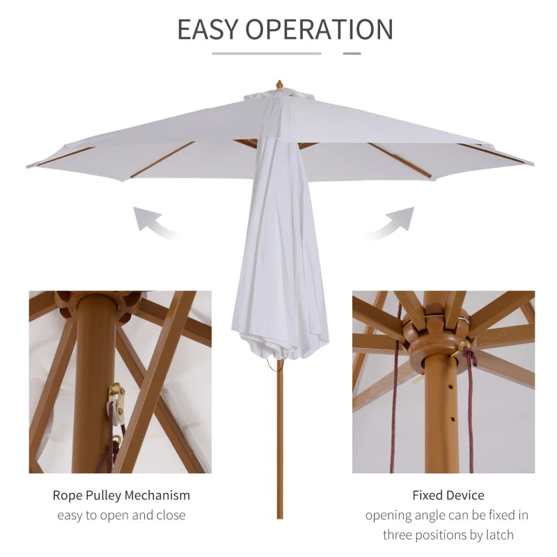 Cream White 3m Wooden Patio Umbrella with Pulley Mechanism
