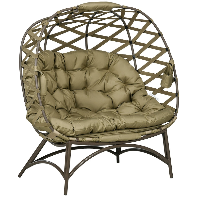 Khaki Folding 2 Seater Outdoor Egg Chair with Cushion and Cup Holders