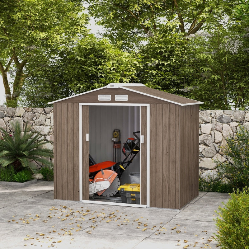 7ft x 4ft Light Brown Metal Storage Shed With Lockable Double Doors & Floor Foundation Kit