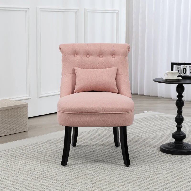 Upholstered Pink Fabric Tub Chair with Pillow and Solid Wood Legs for Living Room or Dining Room
