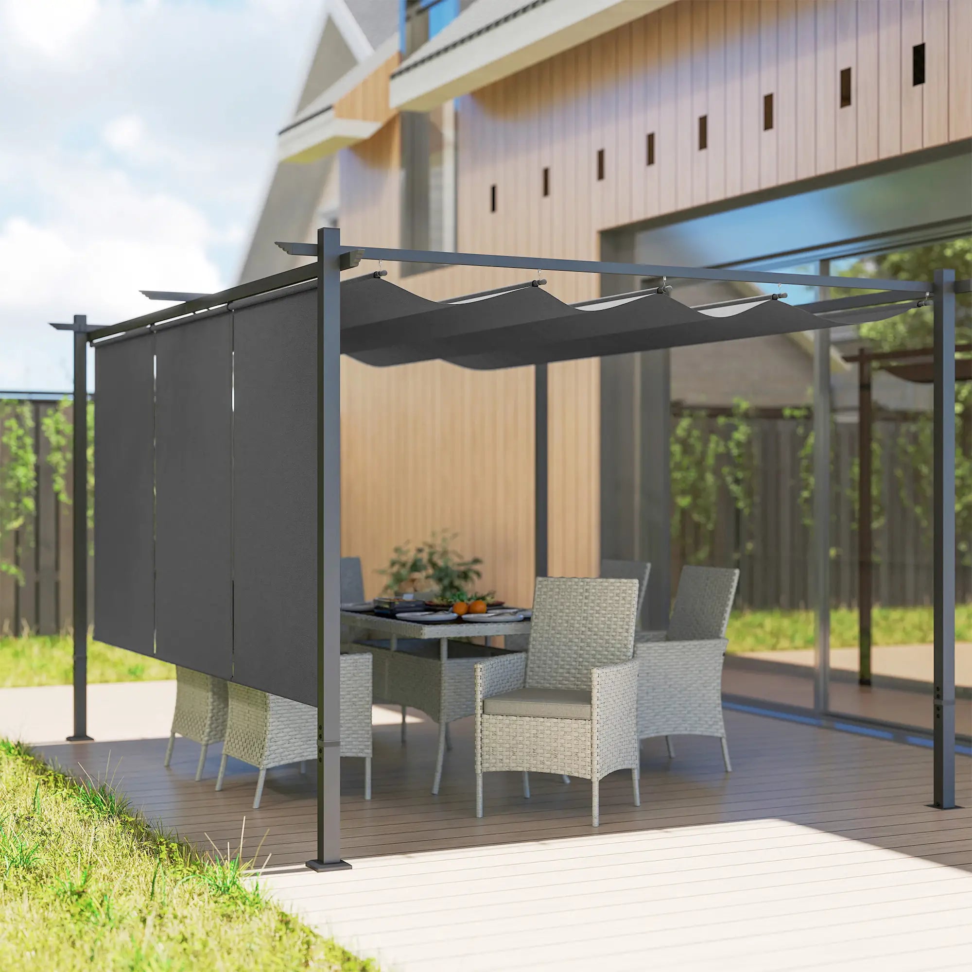 3m x 4m Metal Pergola with Retractable Roof and Roller Shade, Wall-Mounted or Free Standing Garden Gazebo Canopy - UPF30+