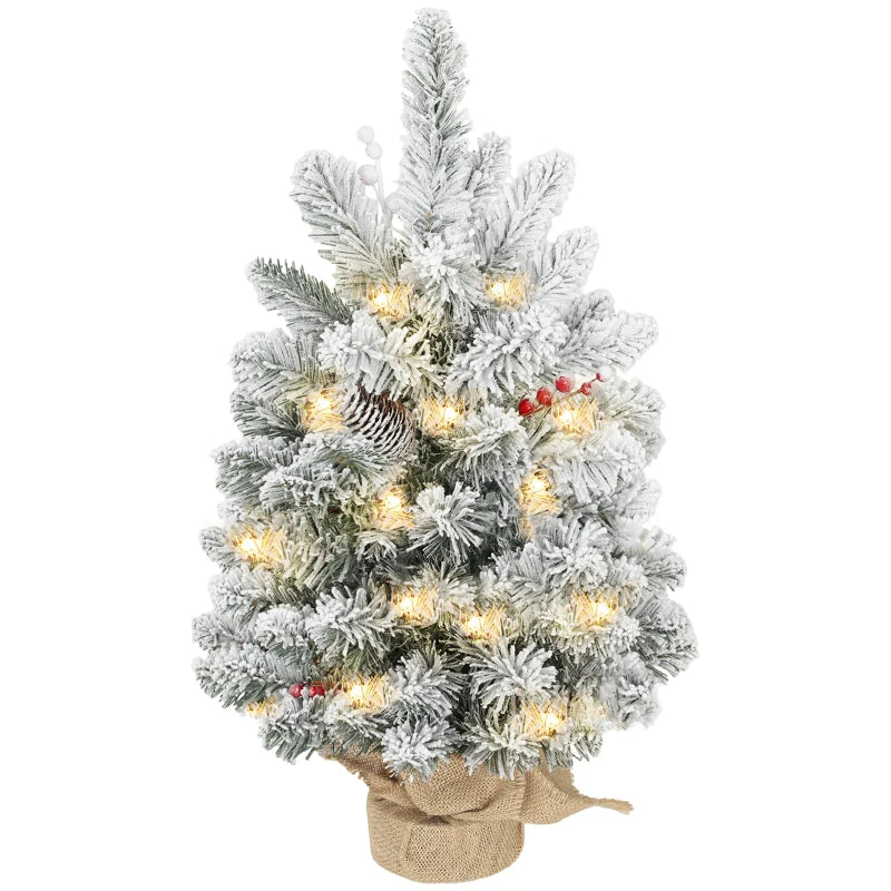60 cm Prelit Small Christmas Tree - 35 LED Lights, Snow Flocked Mini Xmas Tree with Pine Cones & Berry Clusters