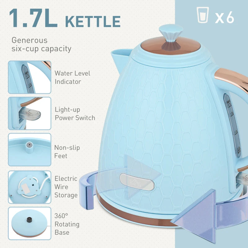 Light Blue Kettle and Toaster Set - 1.7L Fast Boil Jug Kettle & 4 Slice Toaster with 7 Browning Levels
