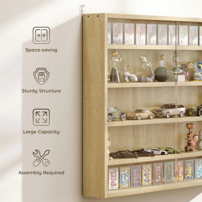 5-Tier Oak Wall Display Shelf Unit with Glass Doors & 4 Adjustable Shelves - Perfect for Home Office Ornaments 60x80cm