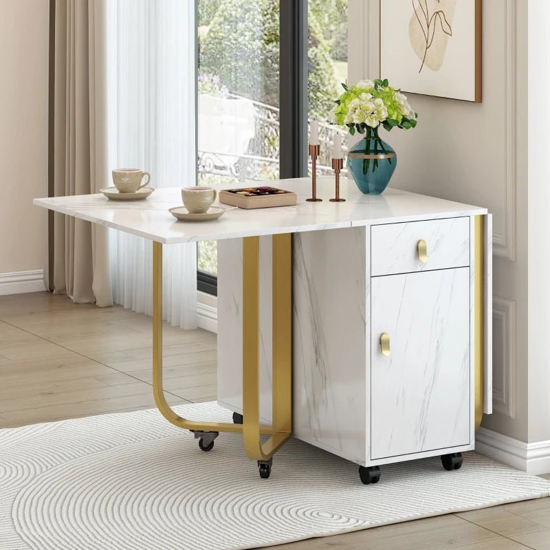 Folding Extendable Dining Table with Cupboard & 2 Drawers - Space-Saving Utility Table on Castors, Adjustable Legs, White/Gold