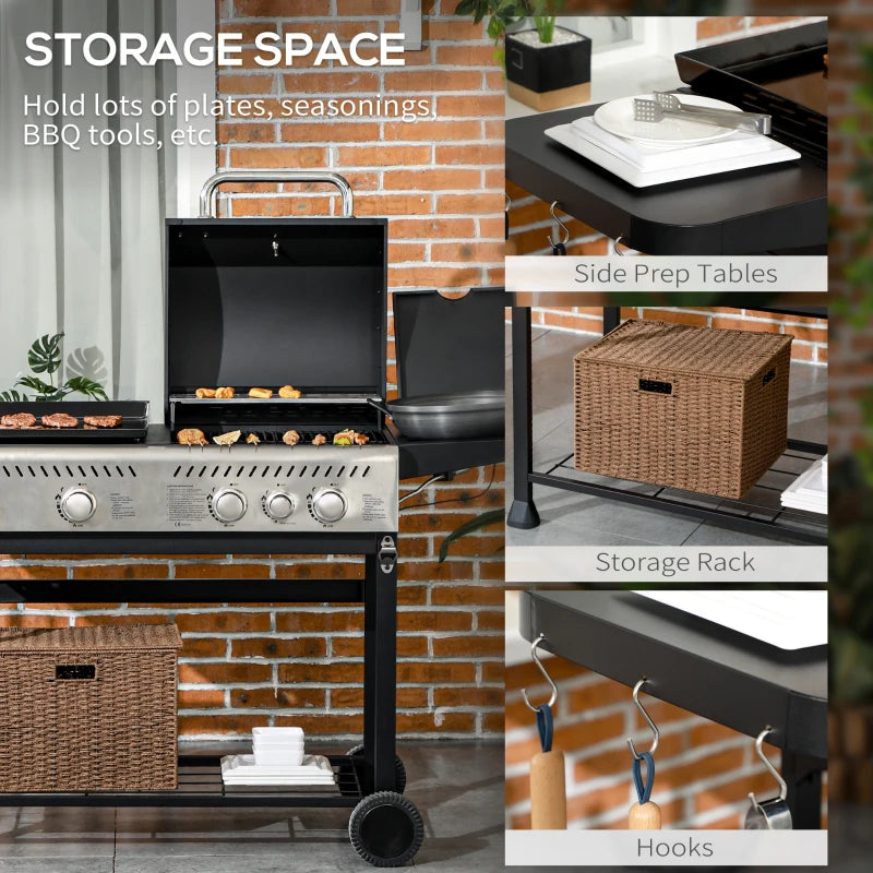 15kW Deluxe Gas BBQ with Grill, Plancha, Side Burner - Black