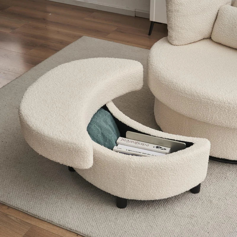 Teddy Swivel Armchair with Cushions and Ottoman Stool, 360° Recliner Sofa, White, 107L x 105W x 82H cm