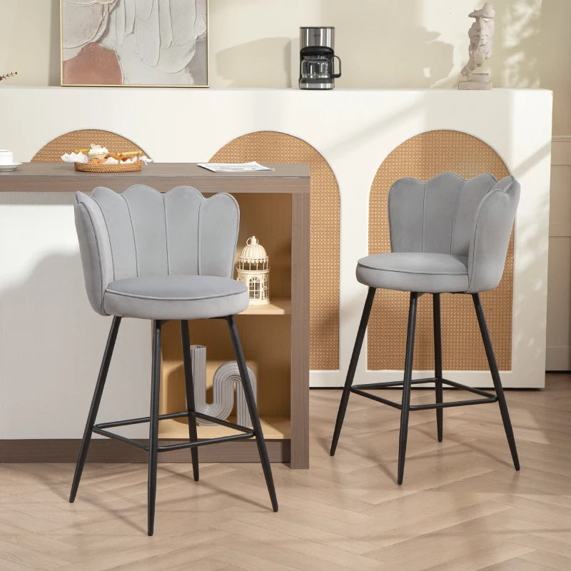Set of 2 Grey Velvet-Feel Lotus Bar Stools - Stylish Modern Seating for Kitchen or Home Bar