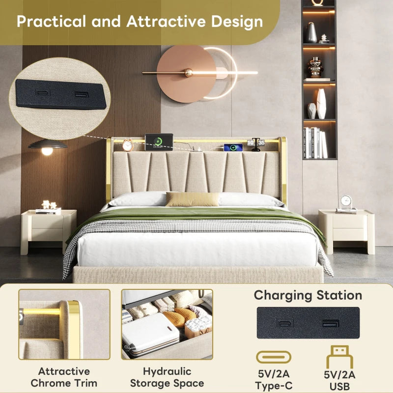 Double Upholstered Bed Frame with Hydraulic Storage and LED Headboard USB Type-C Charging Beige