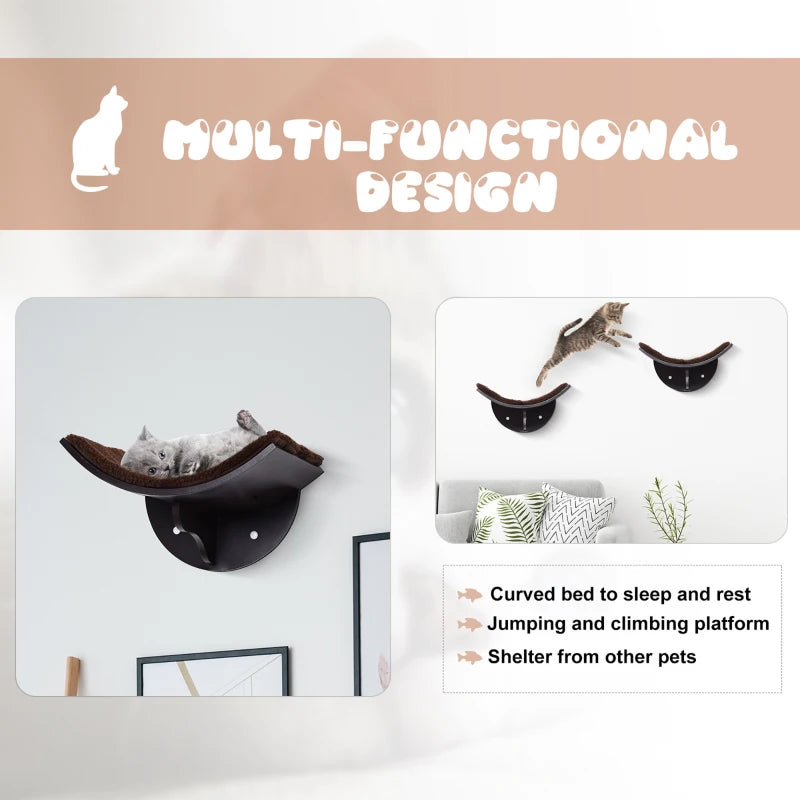 Wood Cat Shelves - Wall-Mounted Curved Kitten Bed Perch Climber Furniture, 41x28x21cm, Stylish Brown Cat Shelters
