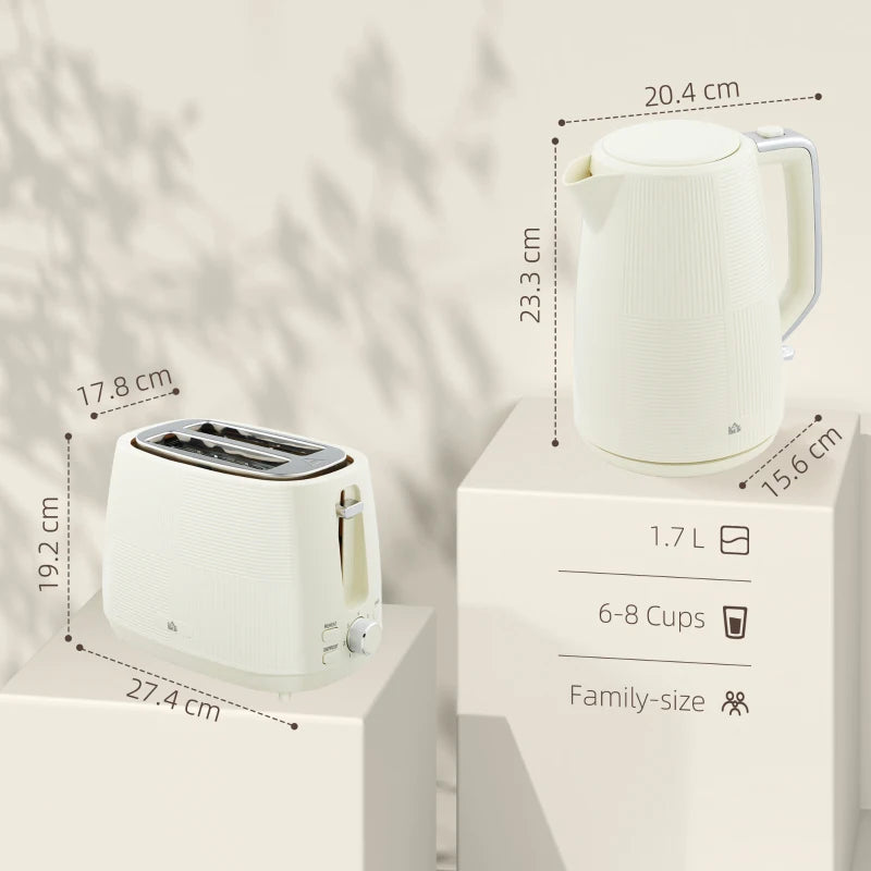 Cream White Kettle and Toaster Set - 1.7L Fast Boil Kettle & 2 Slice Toaster with 7 Browning Levels, Defrost & Reheat